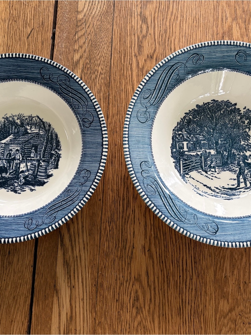 Blue transferware Ceramic Dinner Bowls - Set of 2- Currier and Ives t